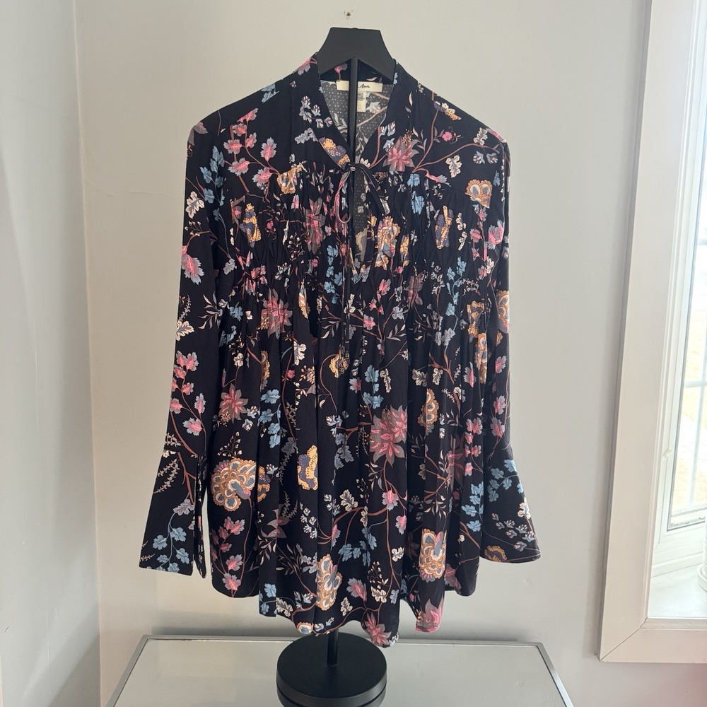Ella Moon Womens Floral Boho Peasant Blouse‎ XL Tie Neck Bell Sleeve Rayon